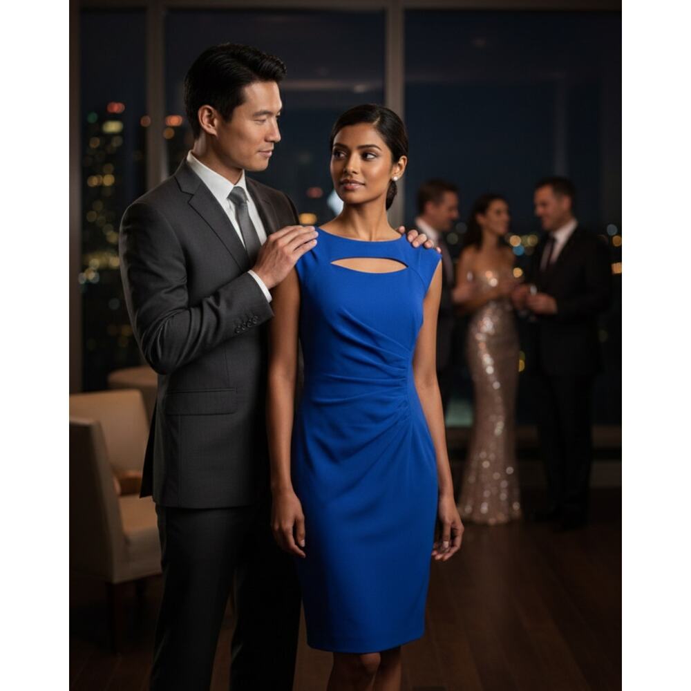 Calvin Klein Blue Sheath Dress - Ruched Cap Sleeve 4P